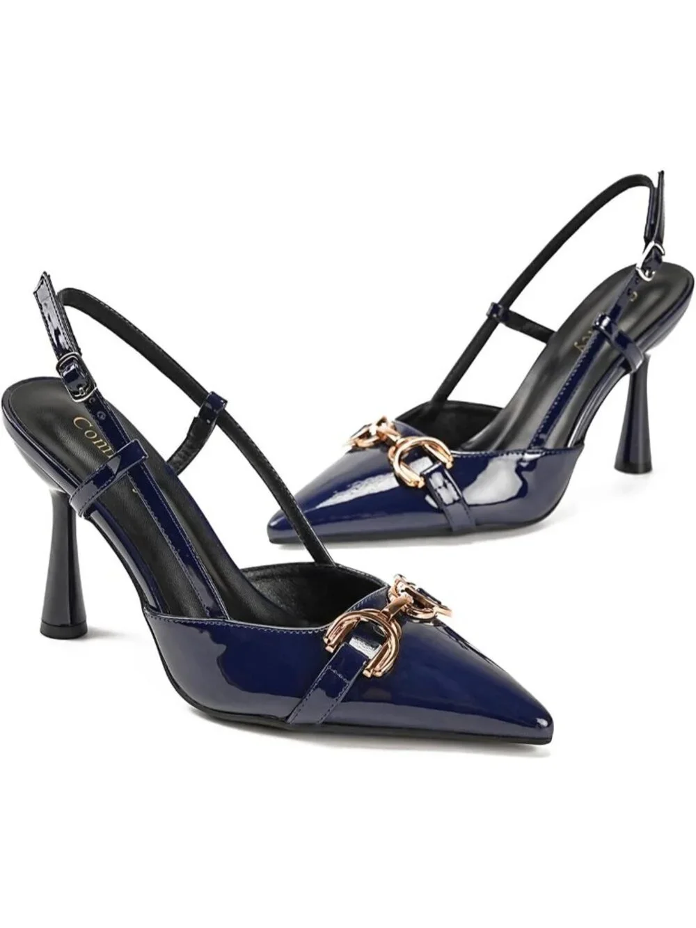 Women's Dark Blue Slingback Pointed Toe Stiletto Heels Shoes Adjustable Buckle